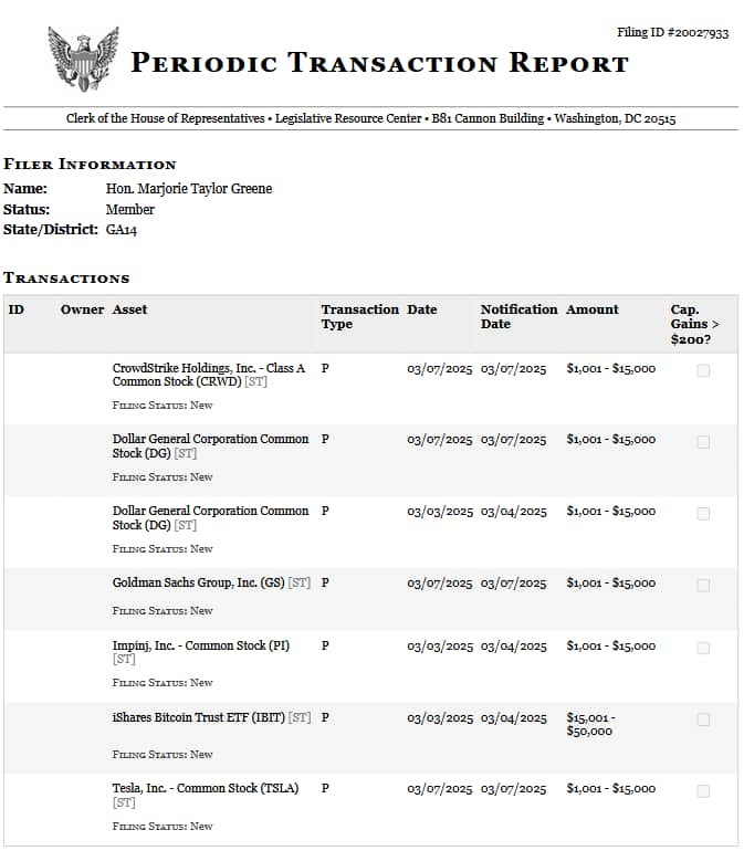 Periodic transaction report detailing Marjorie Taylor Greene's latest trades. Source: Clerk of the House of Representatives