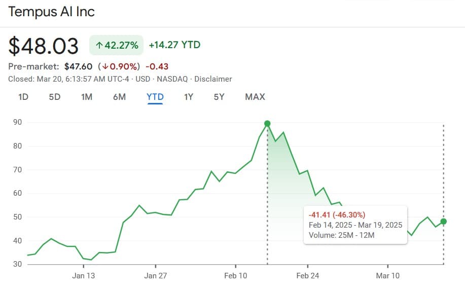 TEM stock price year-to-date (YTD) chart. Source: Google Finance