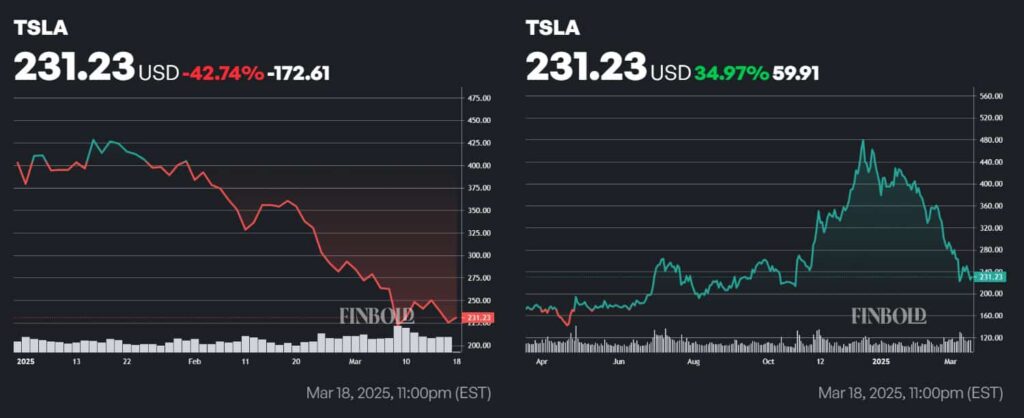 TSLA stock price 1-year and year-to-date (YTD) charts. Source: Finbold