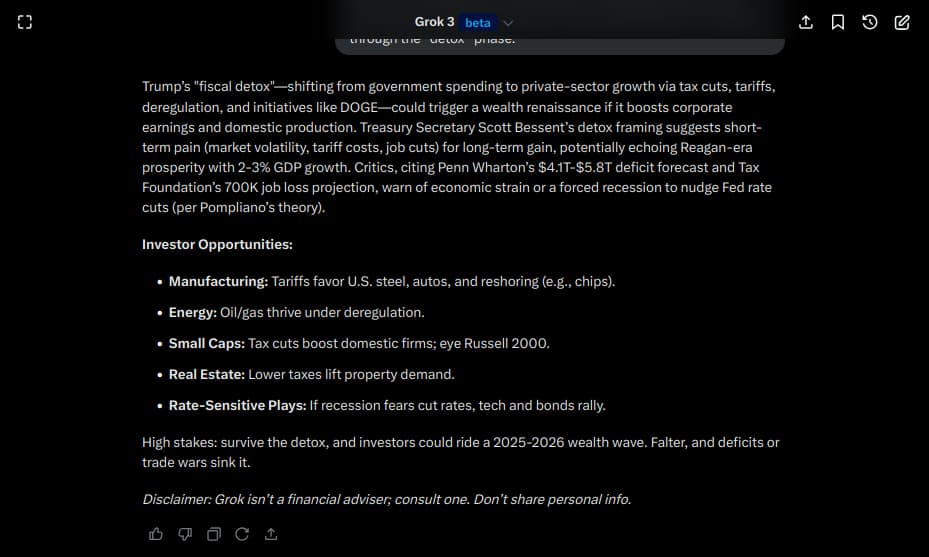 Grok 3 AI on Donald Trump’s “fiscal detox” and wealth renaissance. Source: X / Finbold
