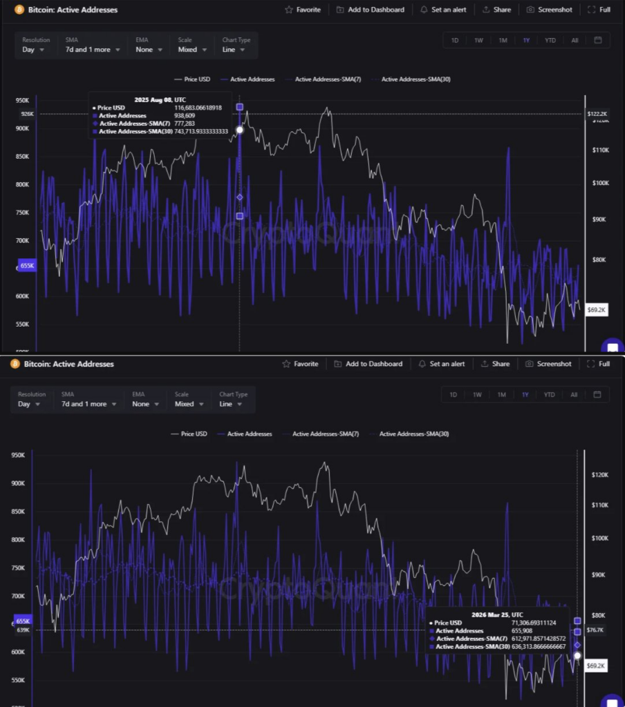 Bitcoin active addresses drop over 30% as network activity weakens