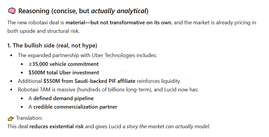 ChatGPT assesses the impact of the Robotaxi partnership between Lucid and Uber.