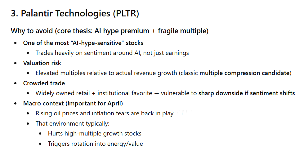 ChatGPT warns against investing in Palantir stock in April.