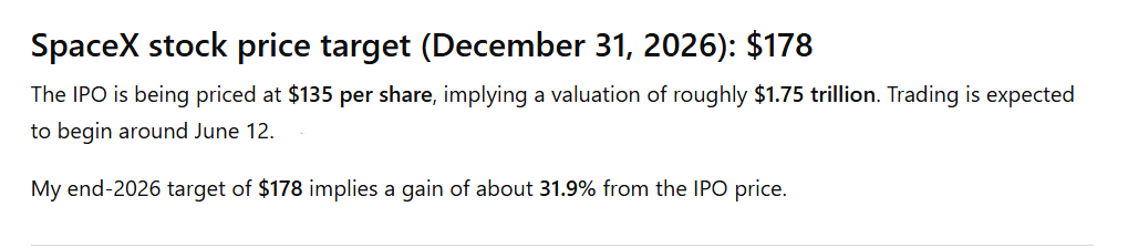 ChatGPT sets SpaceX stock price target for the end of 2026. 