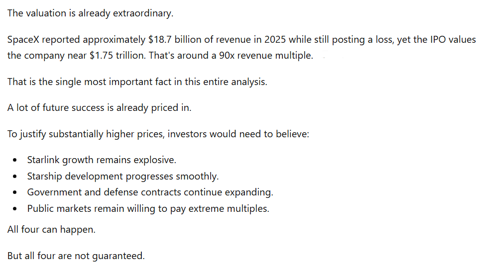 ChatGPT outlines the limiting factors for SpaceX stock after the IPO.