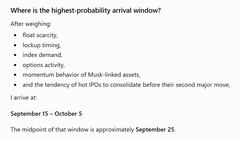 ChatGPT reveals why it determined SpaceX stock is most likely to hit $300 on September 25. 