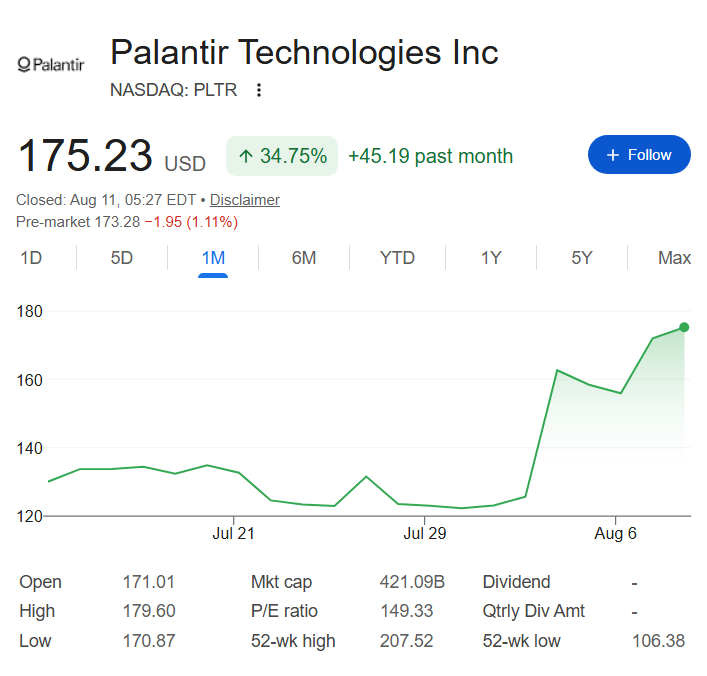 Palantir stock price one-month chart.